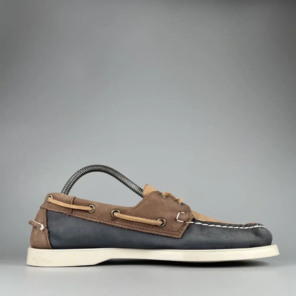 Sebago Authentic Men's 8.5 Navy Brown Leather Lace Up Loafers Boat Shoes Casual